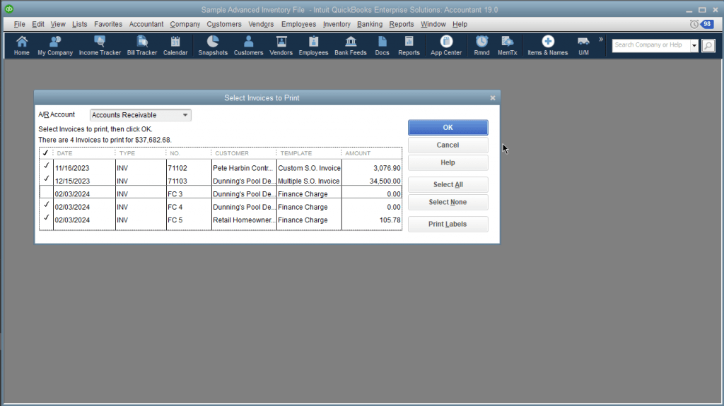 Your finance charges have now been recorded in QuickBooks as individual invoices. When it’s time to print:      Open the File menu     Select Print Forms     Select Invoices. You will see your numbered finance charge invoices displayed like this:  Of course, if you email invoices, you would click on File | Send Forms.