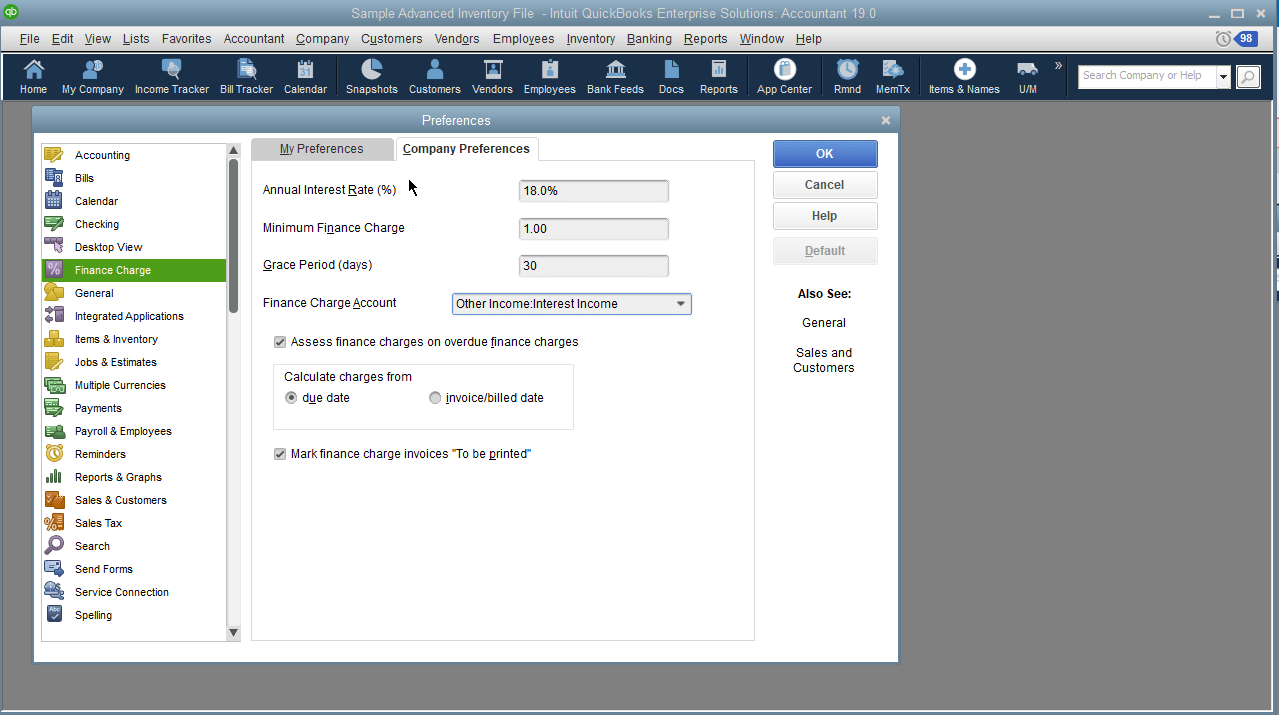 Your finance charges have now been recorded in QuickBooks as individual invoices. When it’s time to print: Open the File menu Select Print Forms Select Invoices. You will see your numbered finance charge invoices displayed like this: Of course, if you email invoices, you would click on File | Send Forms.