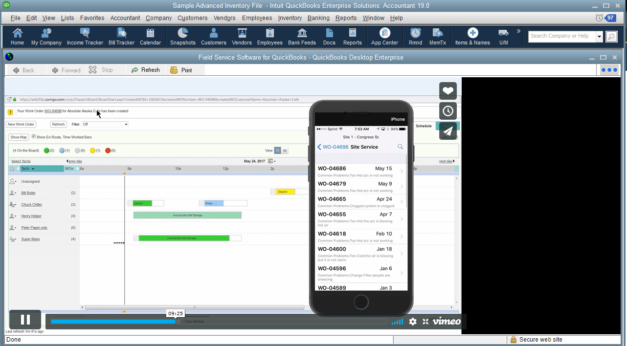 Whether a sole proprietor or a larger scale business, field service management makes your business agile and adaptive. Establish work orders for services you provide; archive them in your QuickBooks company file; link them to your invoicing and payroll processes; take them with you on the road, authorizing mobile payments through the accompanying mobile app.