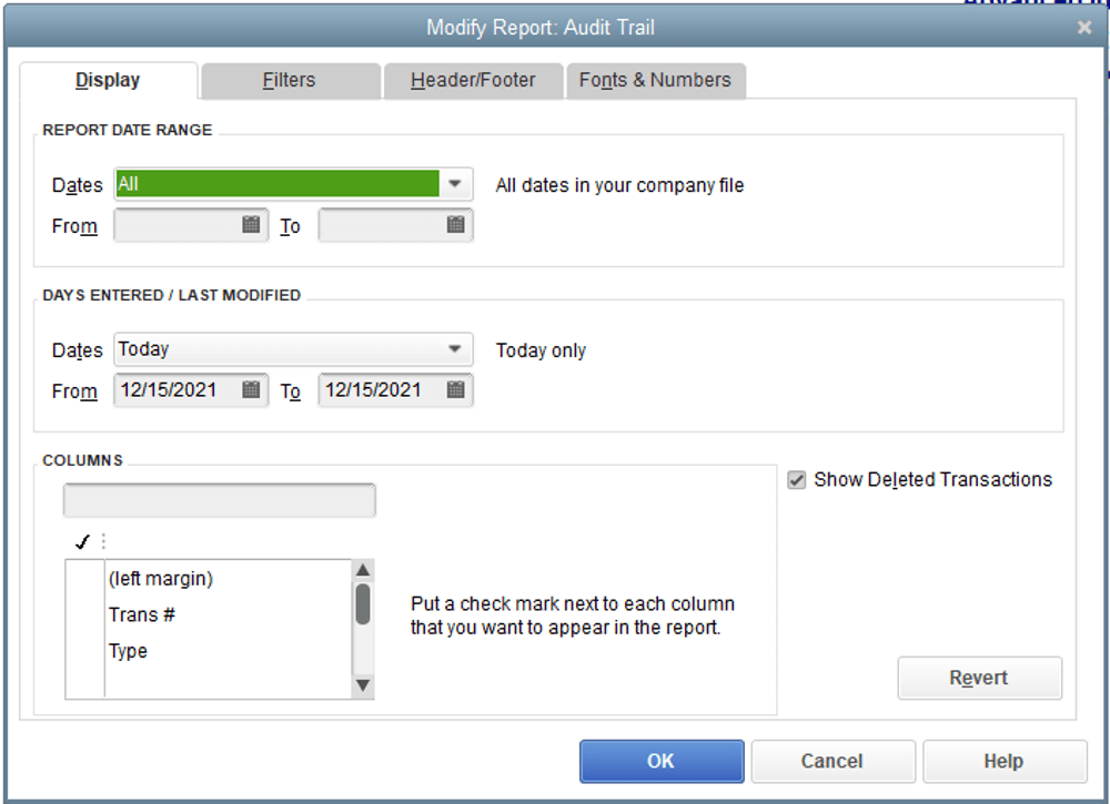 To access the Audit Trail report, highlight Reports>Accountant and Taxes>Audit Trail. Upon launching the report, it defaults to today's date. We are given several columns, including but not limited to: Num, Entered/Last Modified, Last Modified by, Date, Name, and Account. These columns CAN be modified and moved around as you desire, as not everything that may appear is relevant to you and your business.